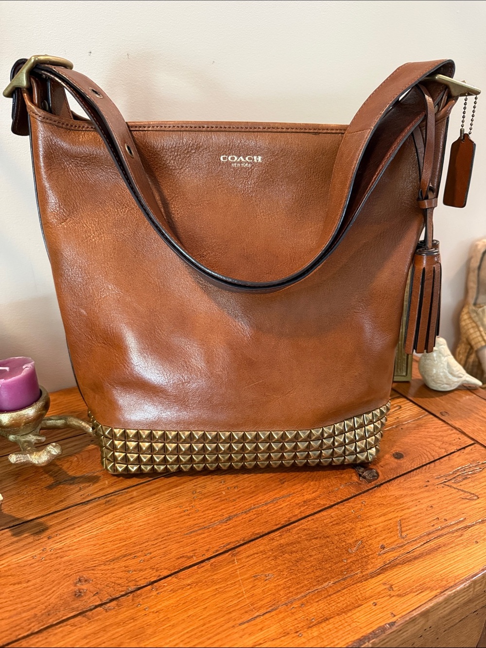 Coach Brown Leather Legacy Stud-Trim Shoulder Bag